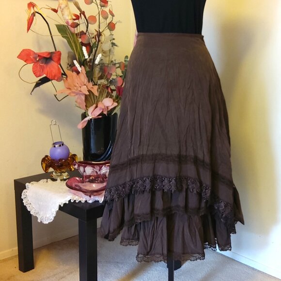 NWT Women Brown 3-Layers of Tiered Ruffle Lace Design Midi Skirt L 12 - Picture 2 of 12